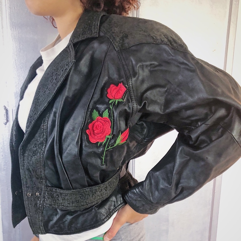 Rose embroidered vintage leather jacket - Picture 1 of 3